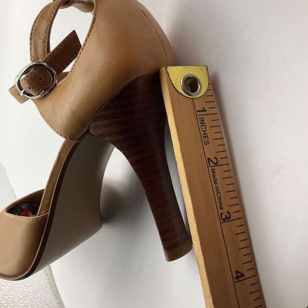 Y2K Steve Madden 7.5 Tan Leather Strappy Heels Shoes Pointed Square Toe - Picture 5 of 11